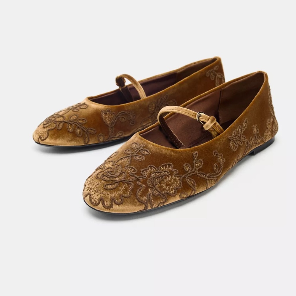 Velvet-Effect Embroidered Ballet Flat